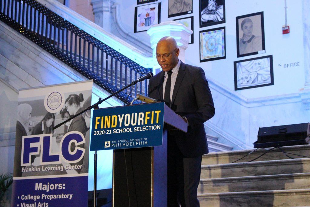 School District of Philadelphia Superintendent Dr. William Hite addresses students, staff, and reporters at Franklin Learning Center.