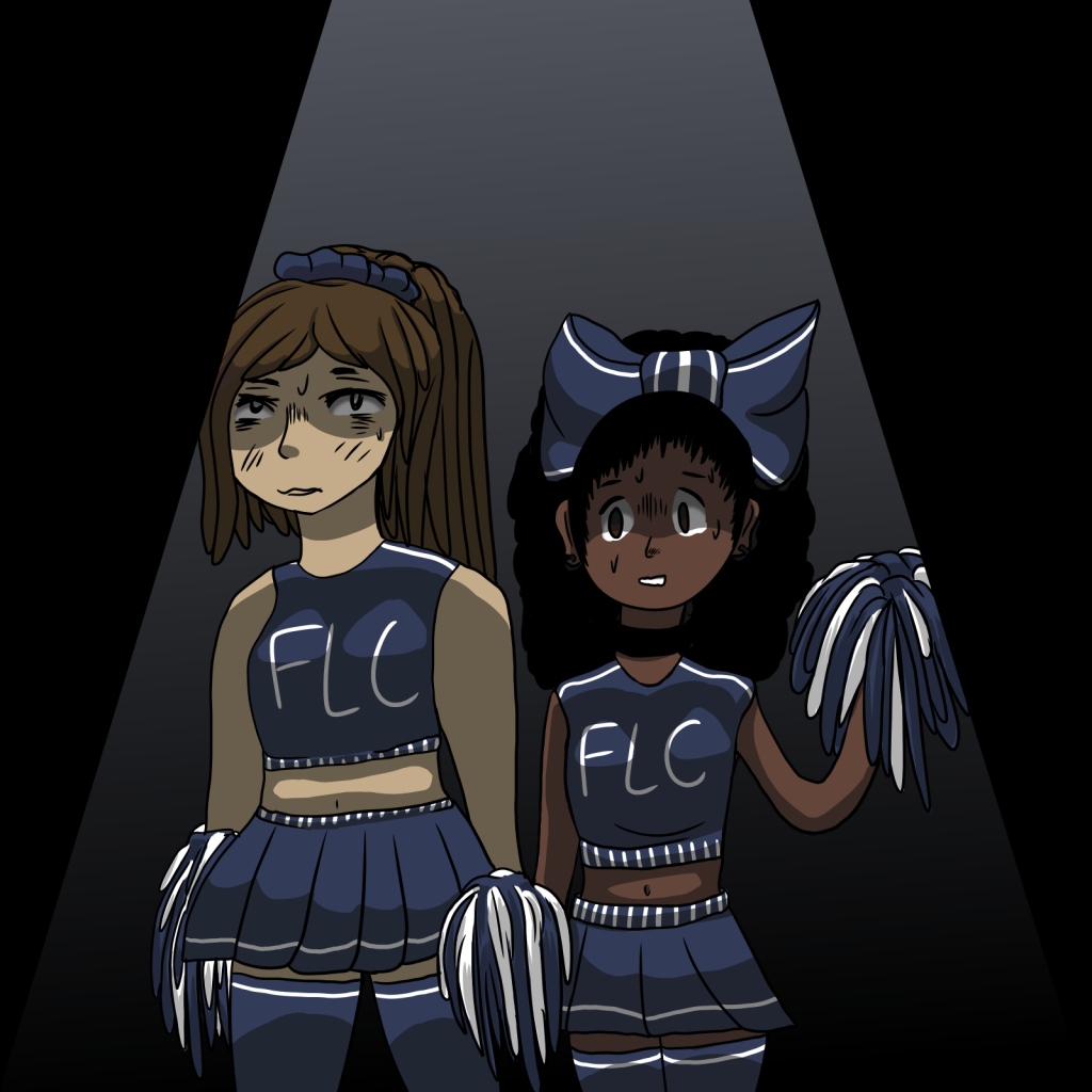 Two cheerleaders without spirit to continue cheering. 