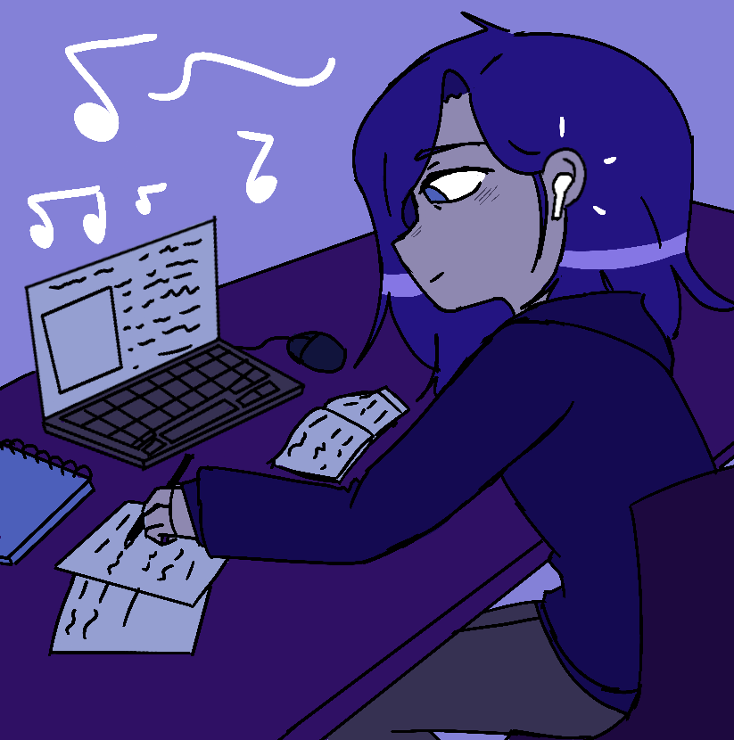 Student listening to music and studying